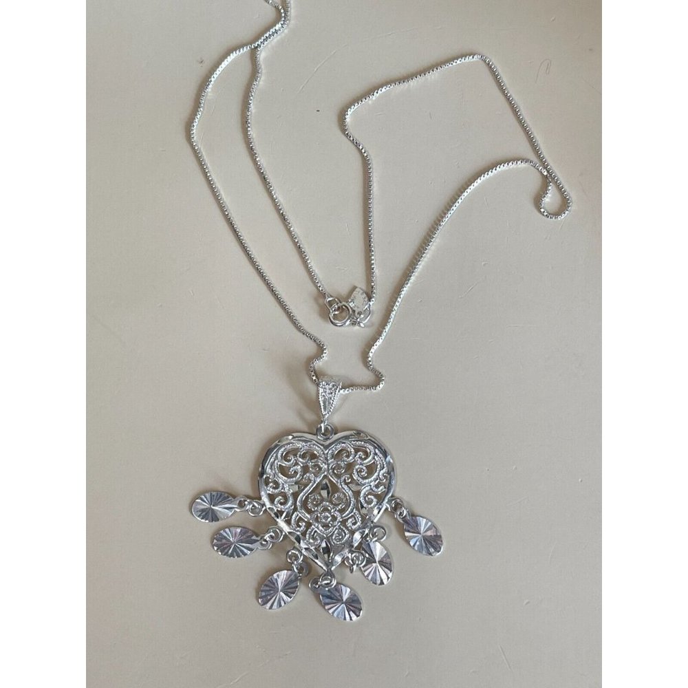 Valentine Dangling Heart Sterling Filigree Necklace 925 Turkey 16" - Picture 9 of 15